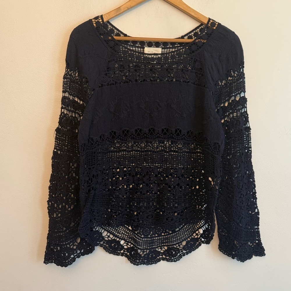 Anthropologie Deletta navy lace crochet long sleeve top.